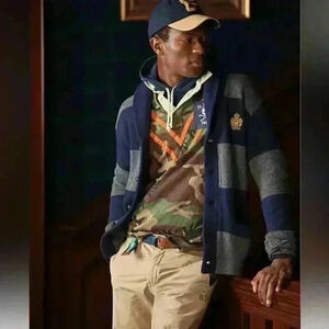 Polo Ralph Lauren Cardigan Sweater Mens X-Large Rugby Striped Shawl Collar Crest